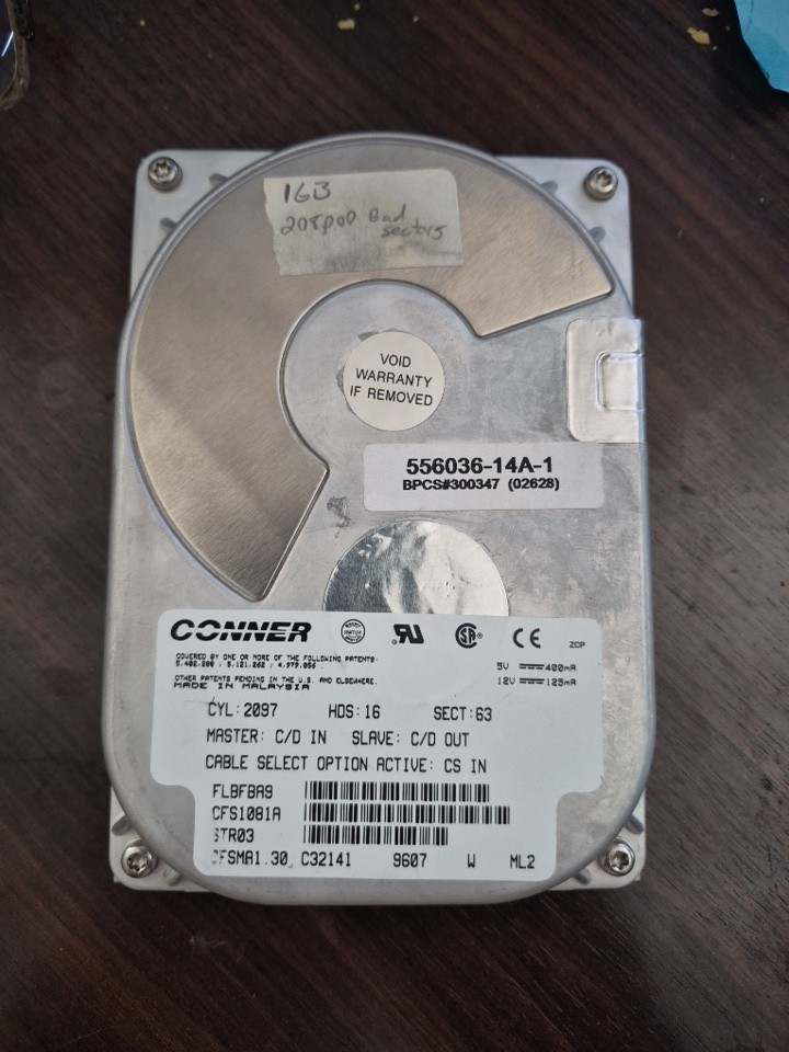 Vintage CONNER CFS1081A 3.5" IDE Hard Drive Hard Drive Tested