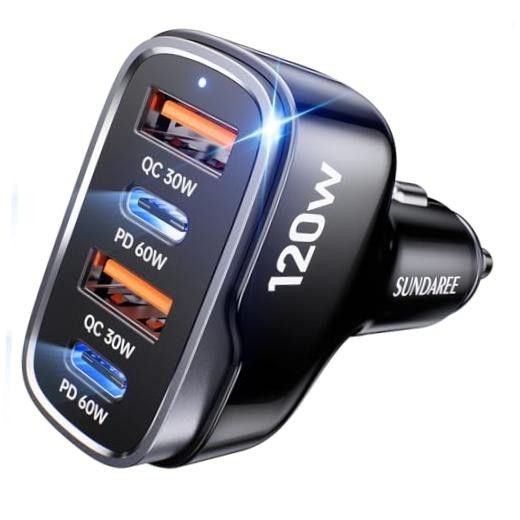 120W USB C Fast Car Charger PD60W/QC30W, 4-Ports Mutiple Car Charger Black