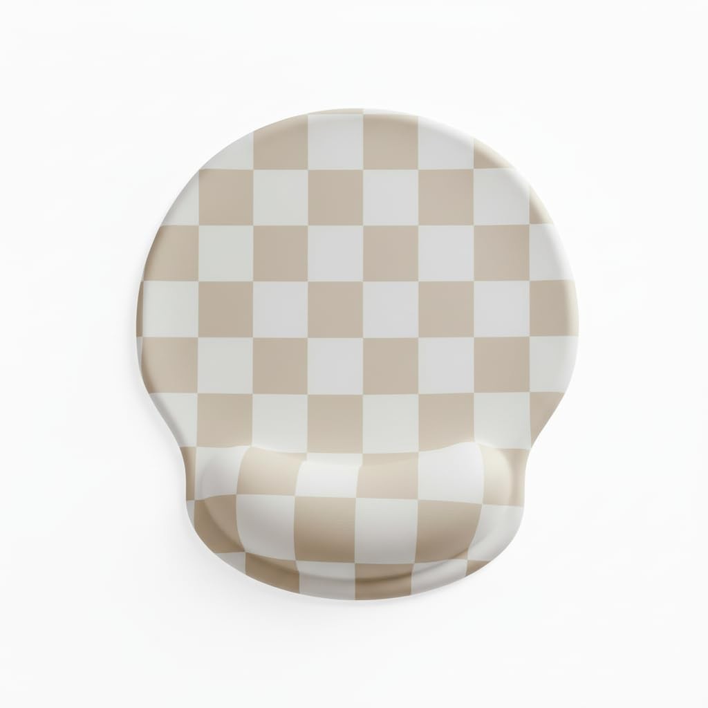 Ergonomic Beige Checkered Mouse Pad with Gel Wrist Rest for Office Decor
