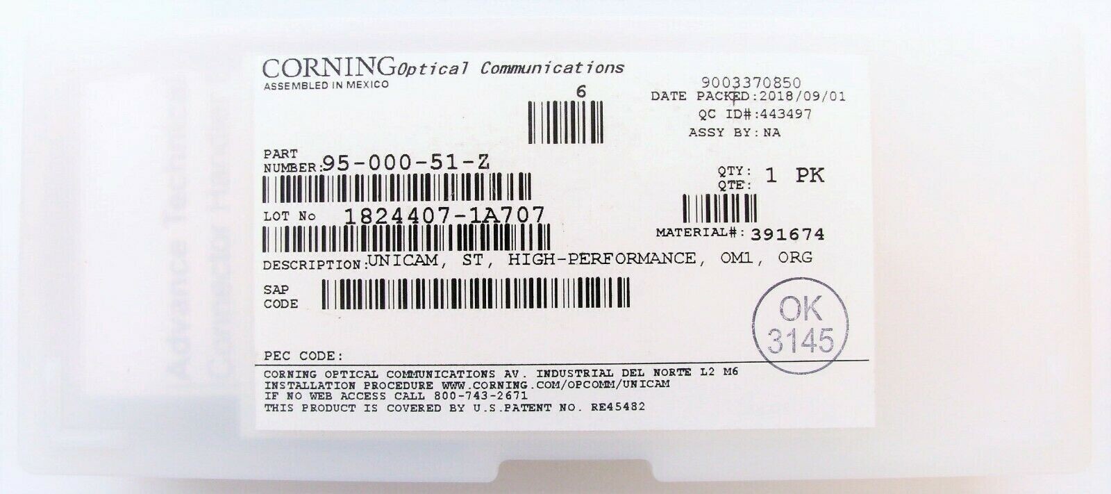 Corning 95-000-51-Z UniCam® Connector, ST® compatible  62.5 µm multimode (OM1)