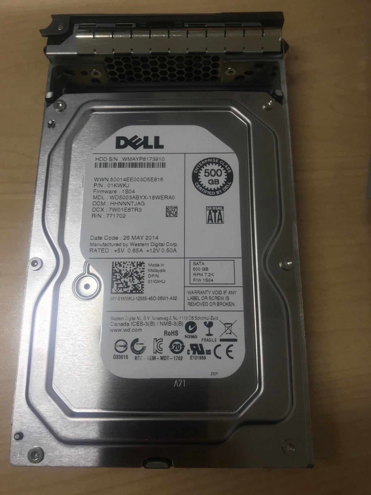 Dell 01KWKJ 500Gb 7200RPM 1KWKJ Sata ii 64Mb 3.5" HDD W/TRAY x968d Server