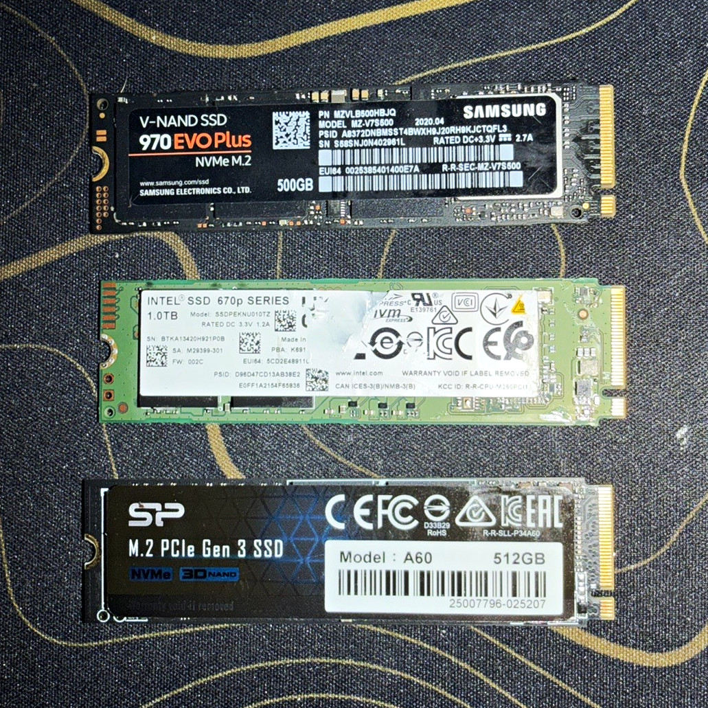 3x M.2 NVMe SSD Lot – Samsung 970 EVO Plus 500GB + Intel 670p 1TB + SP A60 512GB