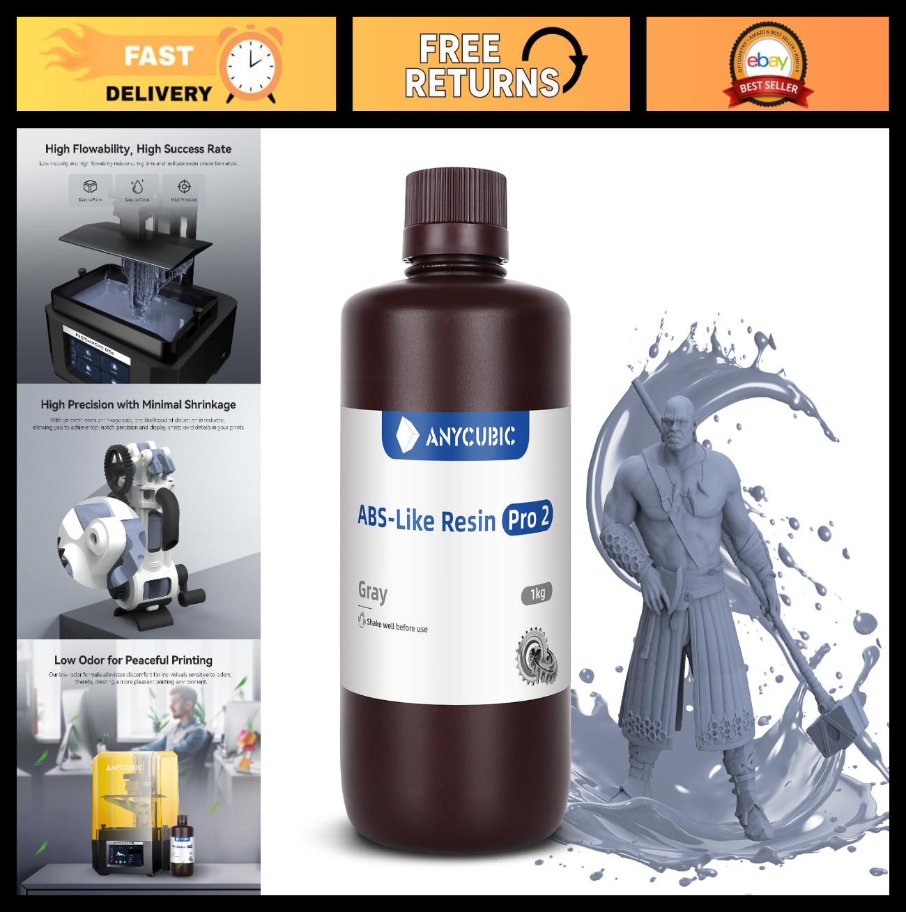 High Precision 8K ABS-Like 3D Printer Resin, Tough & Low Odor, 1kg, Grey
