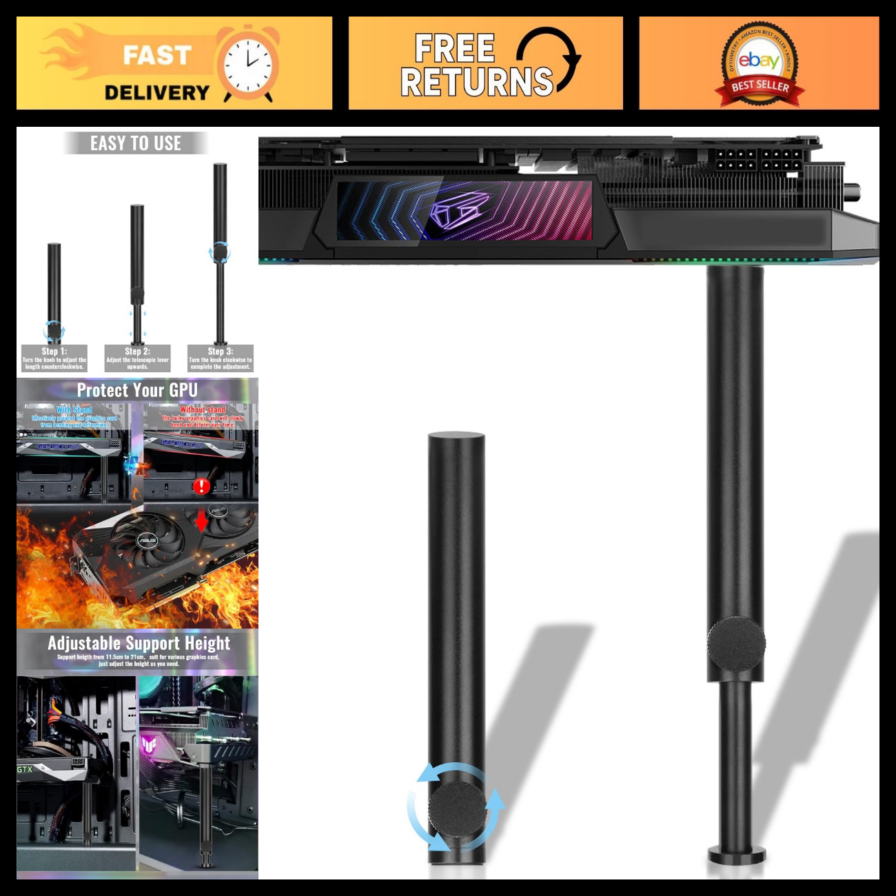 Adjustable GPU Support Bracket - Anti-Sag Stand for Graphics Card Mounting