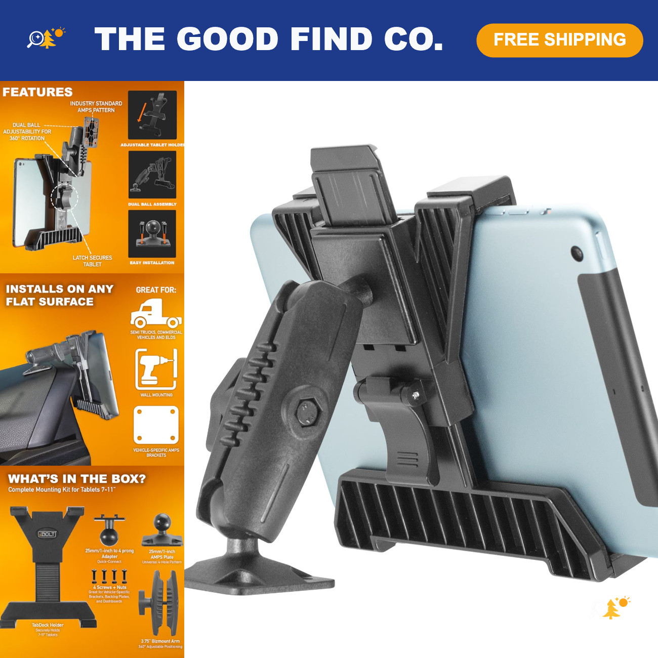 Universal Tablet Drill Base Mount for 7-11" Devices - Heavy-Duty Truck Holder
