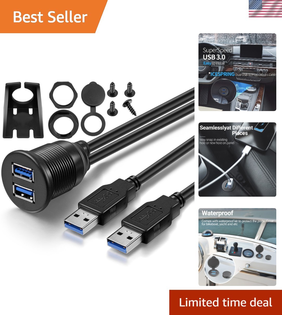 Universal Dual USB 3.0 Panel Adapter – Waterproof for Vehicle & Marine Use