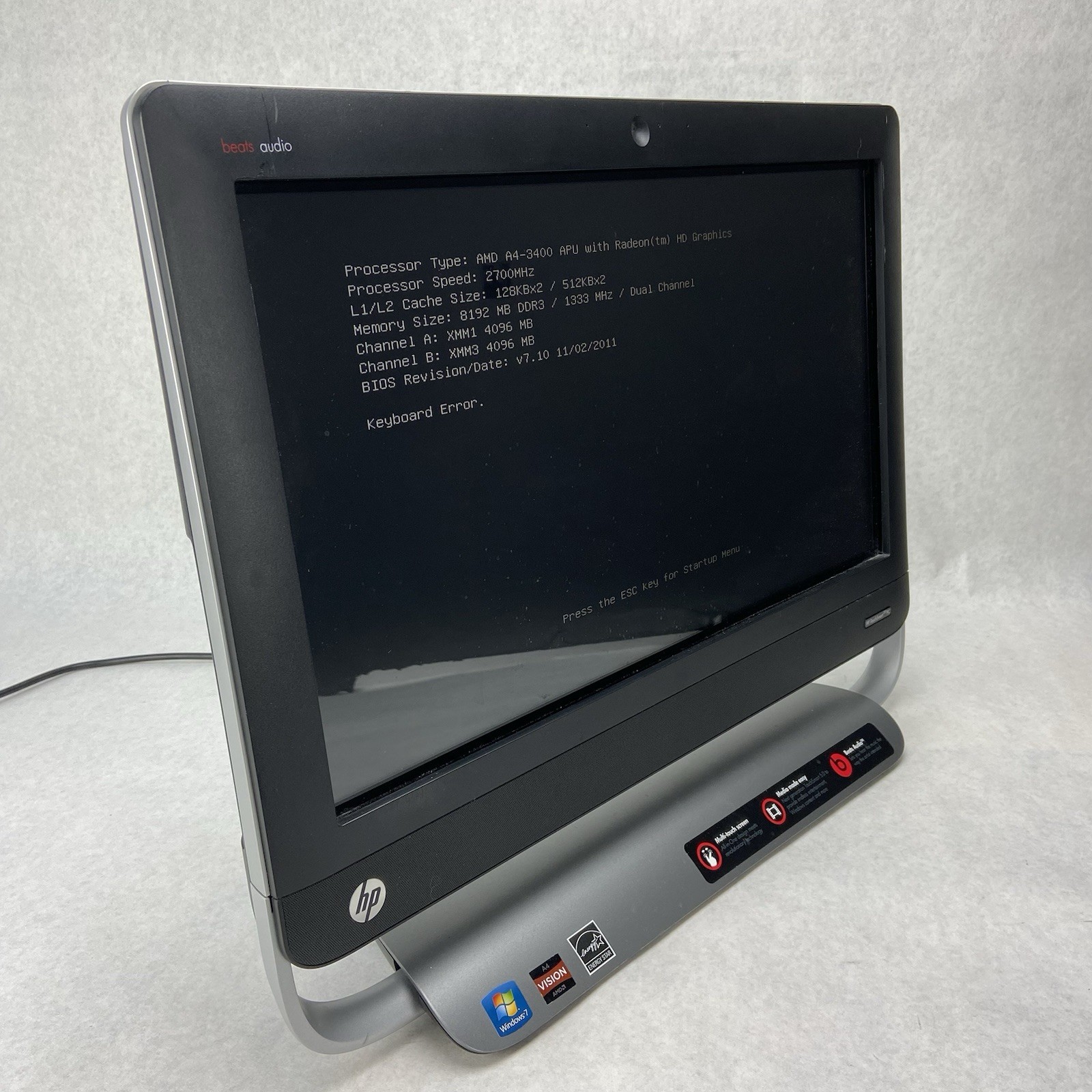 HP TouchSmart 320-1030 AIO AMD A4-3400 2.7GHz 8GB RAM No HDD No OS No AC