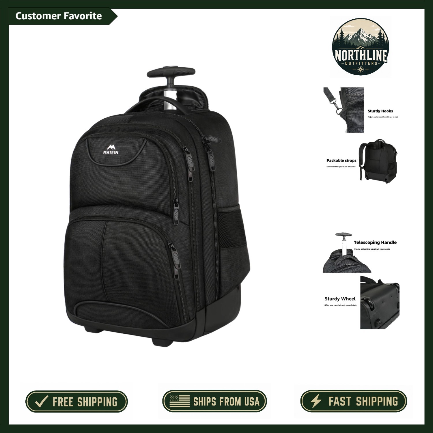 Luxurious 18-Inch Rolling Laptop Backpack - 45L Capacity, Water-Resistant, Black