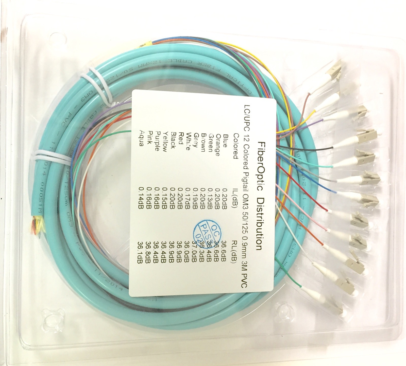 12 Strand 50/125 OM3 Fiber Optic Pigtails 3m LC/UPC Multimode -6789