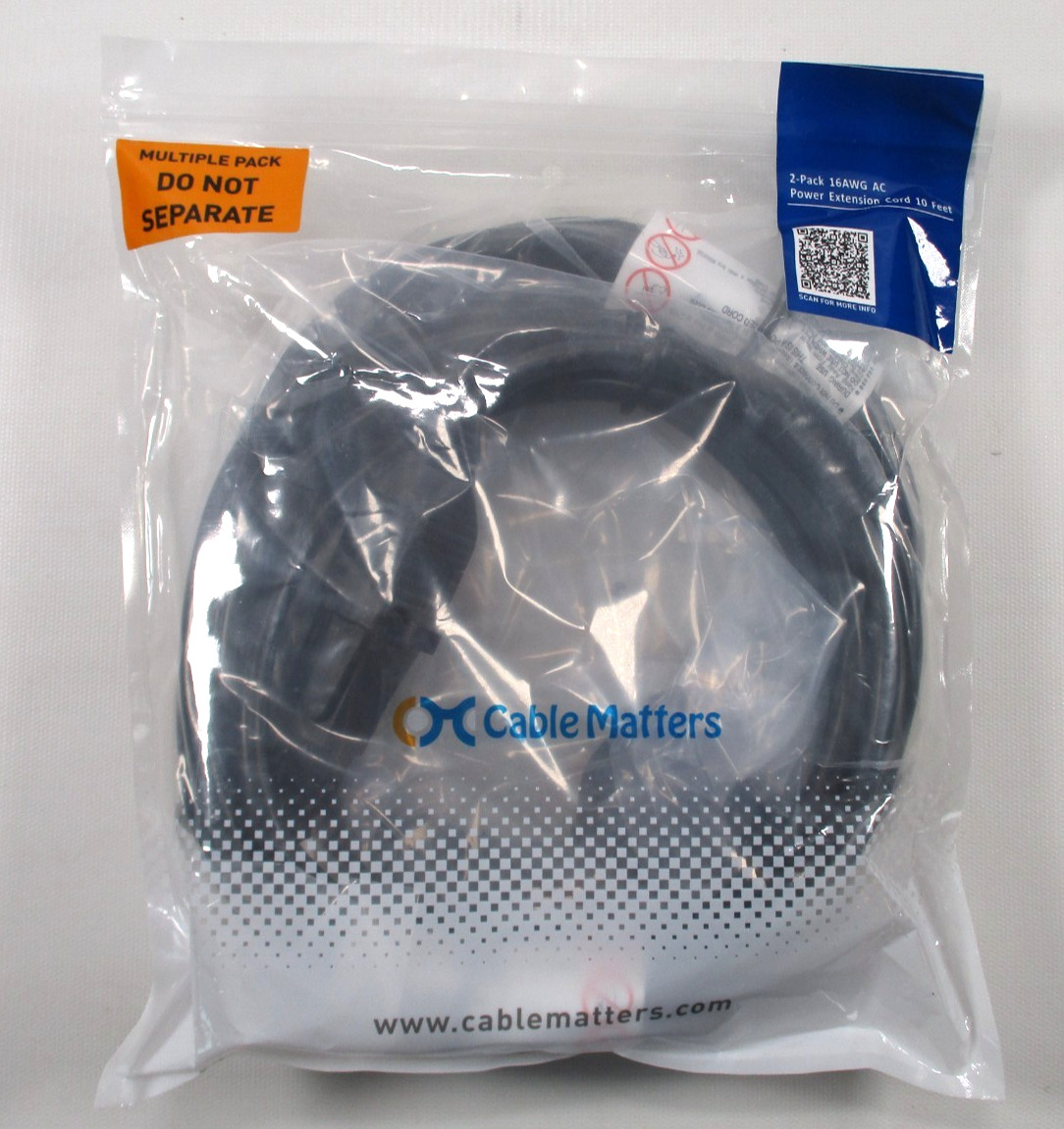 Cable Matters 2 Pack 16AWG AC Power Extension Cord Cable 10' NEW Sealed