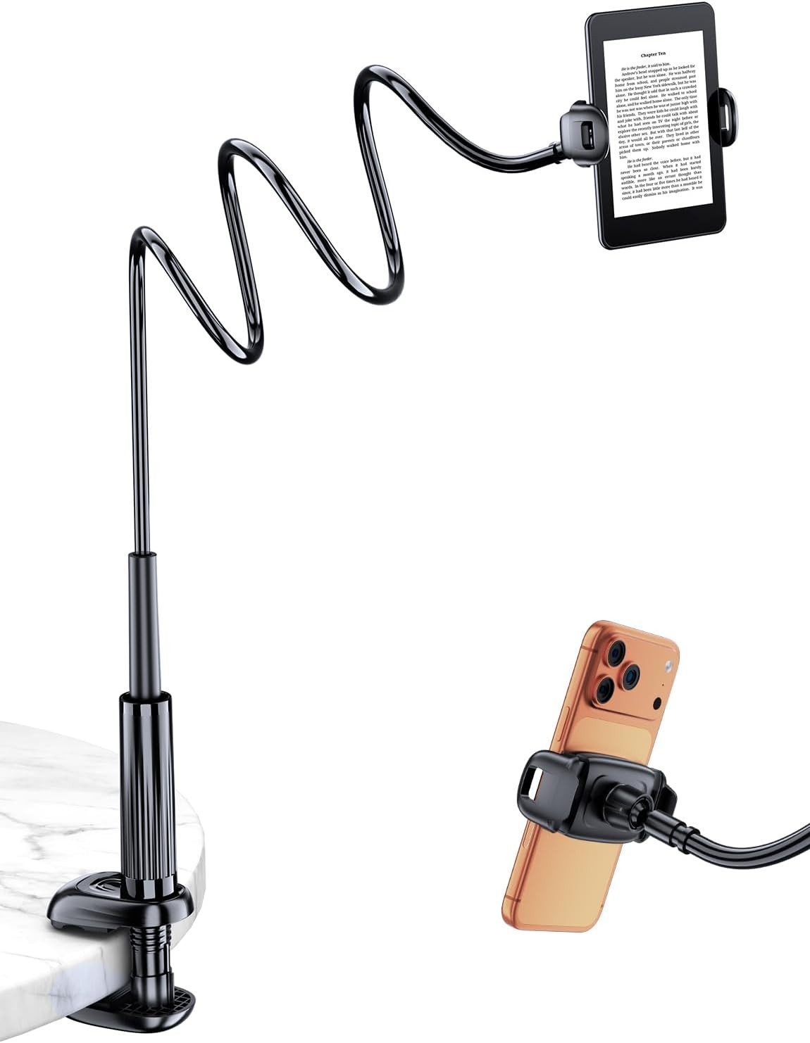Gooseneck Kindle & Phone Holder for Bed: Flexible Long Arm Clamp Mount for Ha...