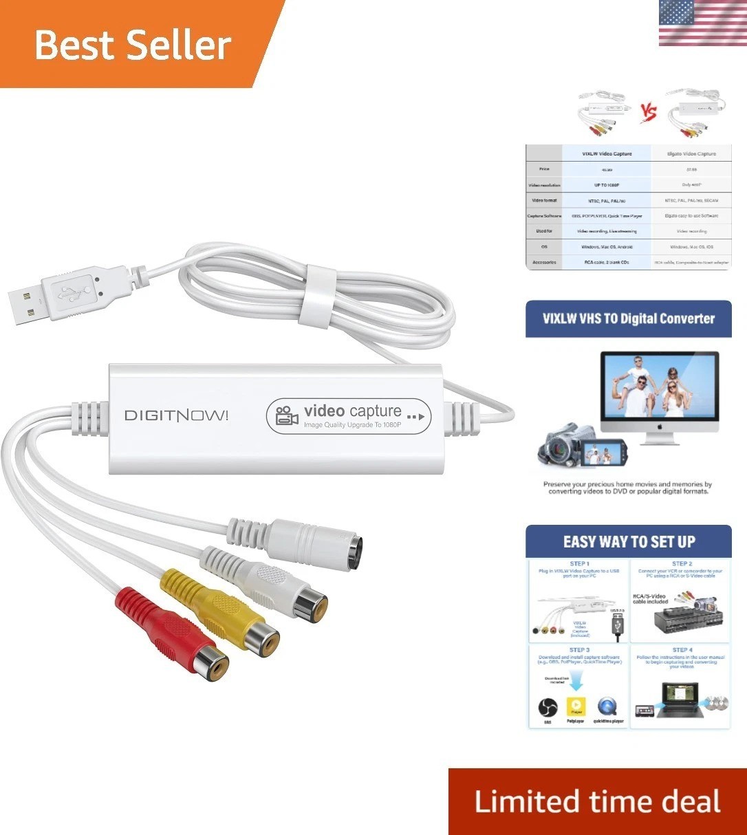 Video Capture, USB Video Capture Device, Convert VHS to Digital, VHS/VCR/Hi8/...