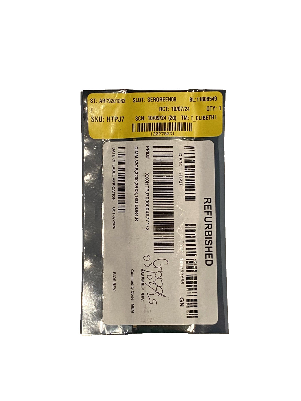 Dell HTPJ7 32GB Kit - 1x32GB PC4-25600R 2Rx8 RDIMM, Hynix HMAA4GR7AJR8N-XN - Rfb