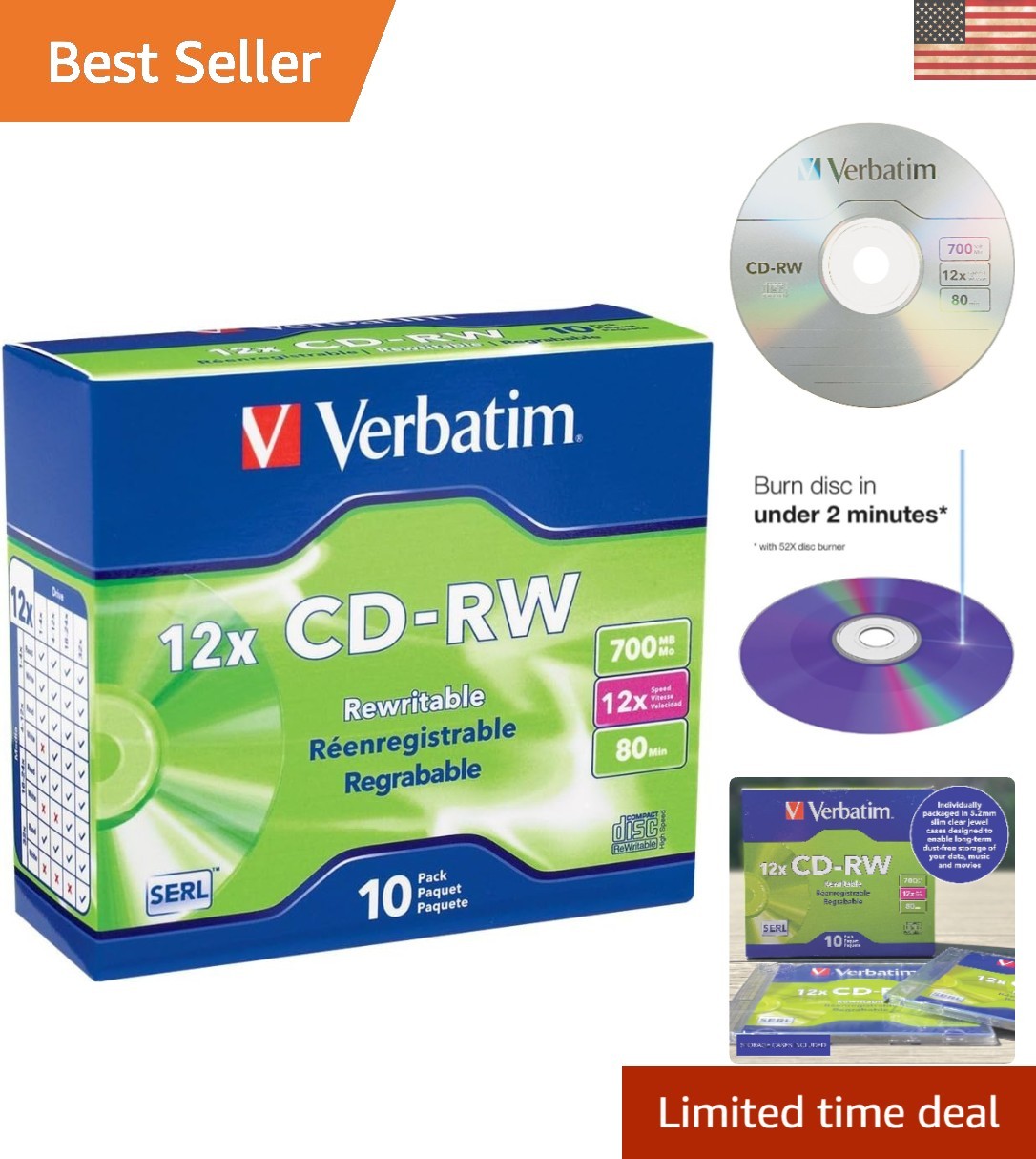 10-Pack 700MB CD-RW 12X Rewritable Discs in Slim Cases for Reliable Data Storage