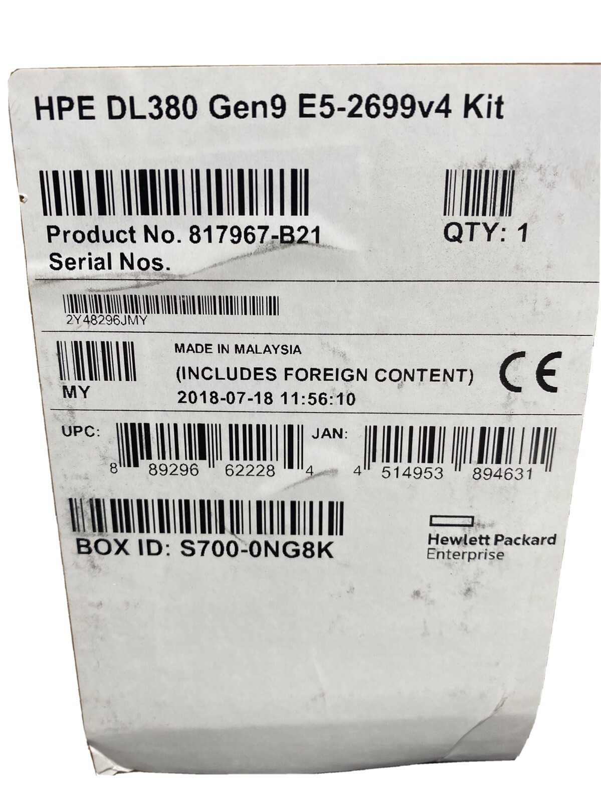 New INTEL XEON CPU KIT E5-2699V4 22 CORE 2.2GHZ  HPE PROLIANT DL380  817967-B21