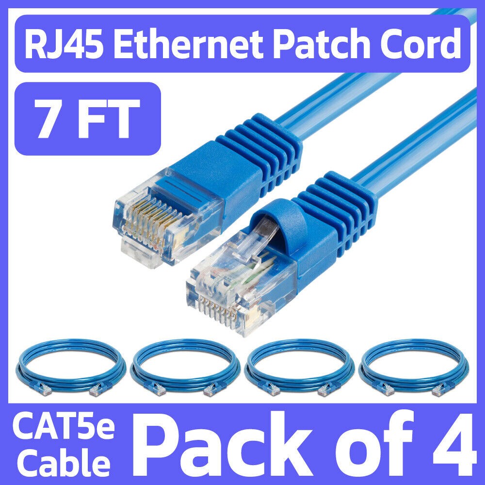 4 Pack Cat5e Patch Cable Blue 7FT Ethernet Cord Lan Network Internet Wire RJ45