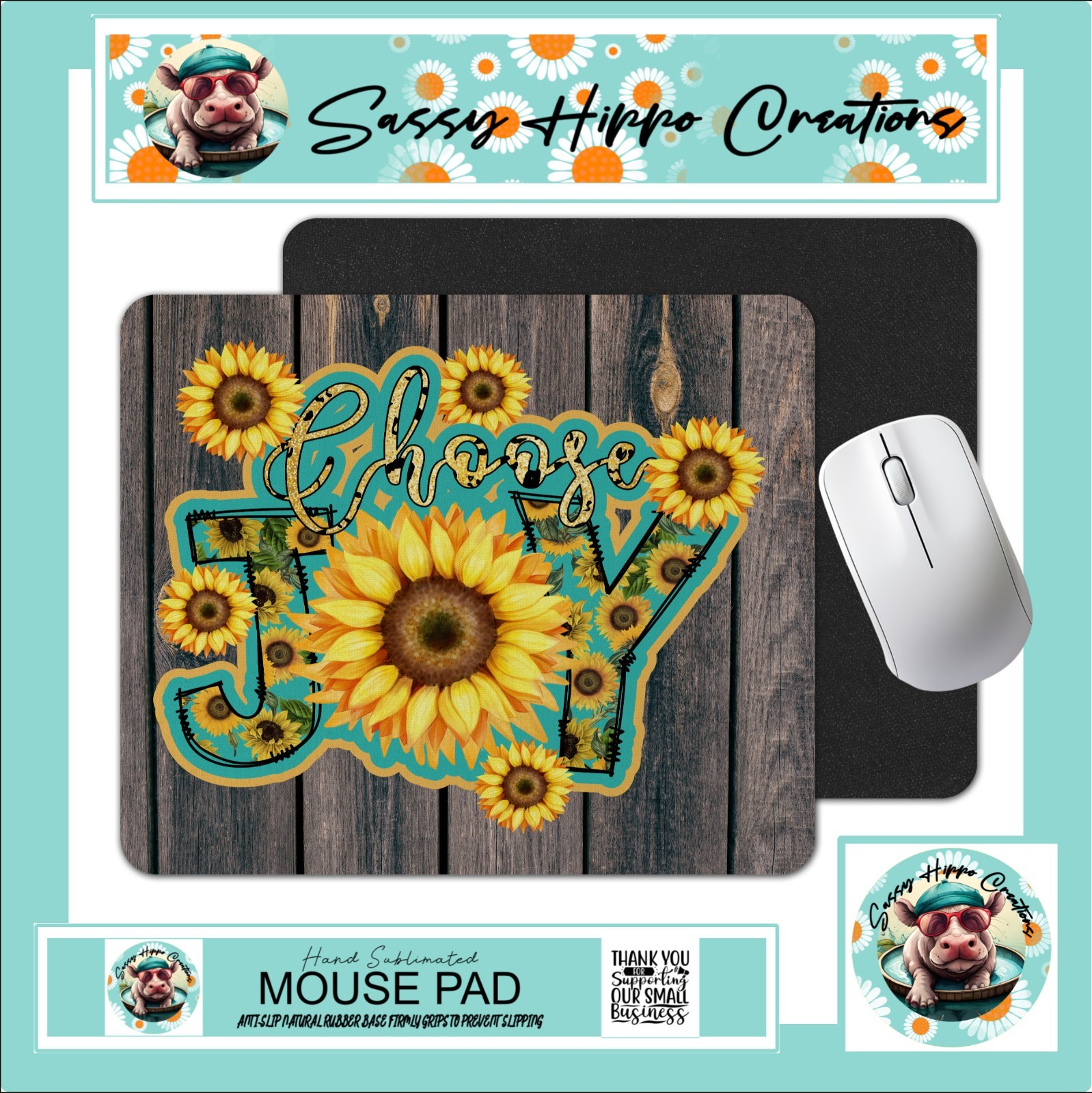 Mouse Pad Choose Joy Sunflowers Rustic Wood Anti Slip Back Easy Clean Sublimate