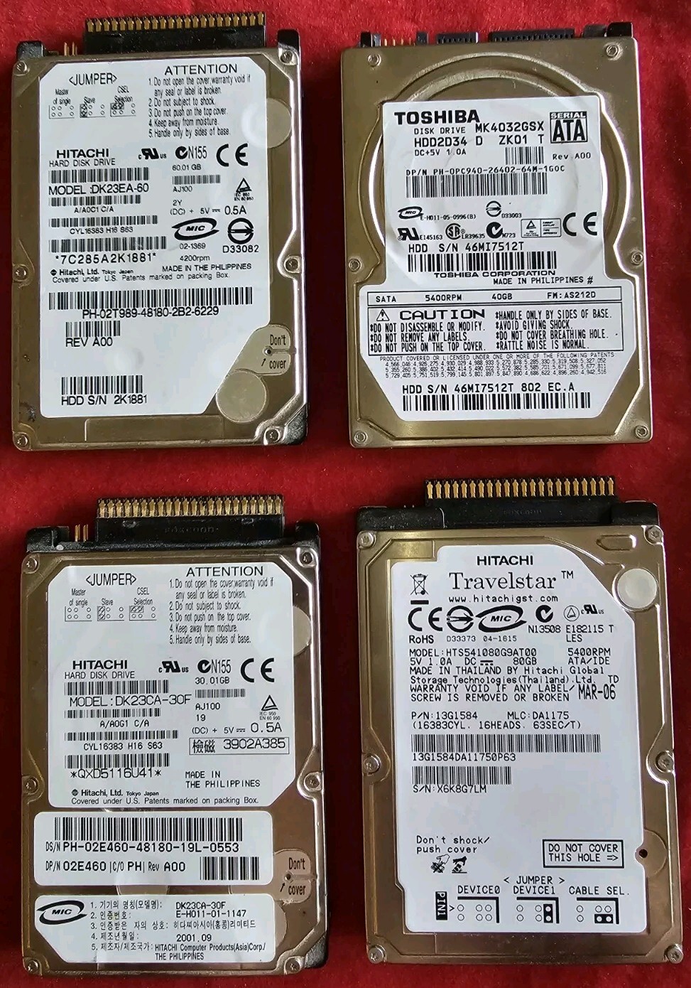 Hitachi 30GB & 60GB & 80GB & Toshiba 40GB 2.5" Hard Drives Preowned 4 Total