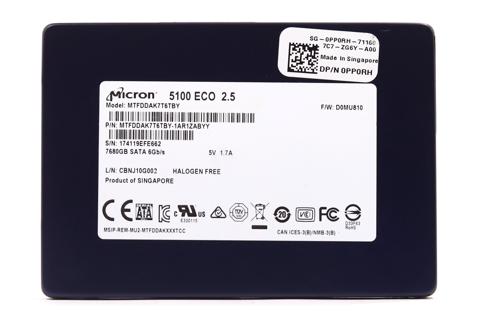 Micron MTFDDAK7T6TBY 7.68TB 2.5" 6Gb/s 3D TLC BH-79% SATA SSD Dell P/N: 0PP0RH