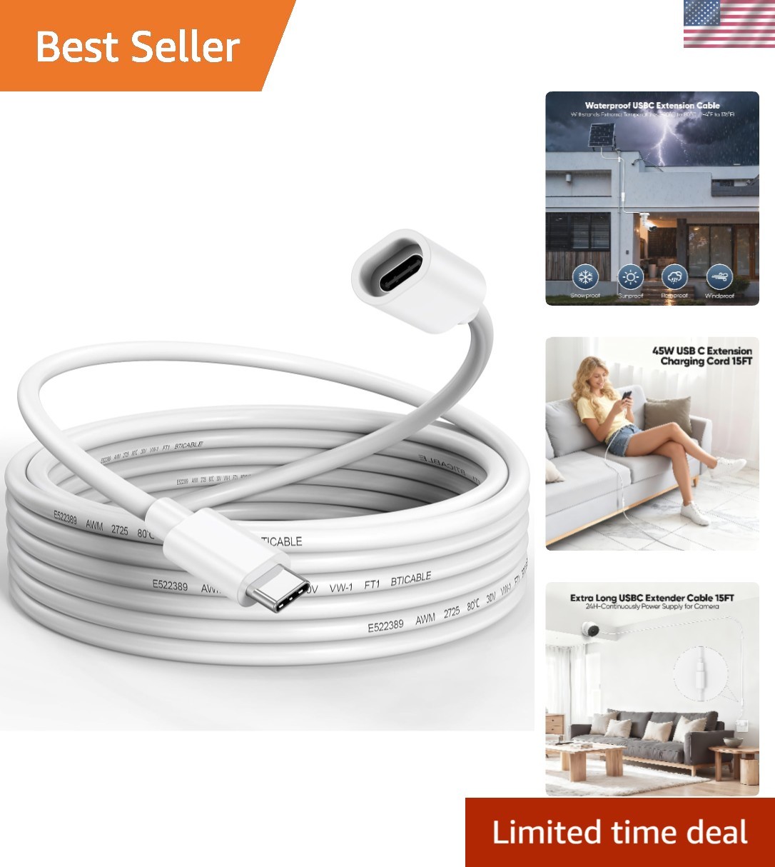 15FT USB-C Extension Cord: Waterproof Solution for Solar Panels & Devices
