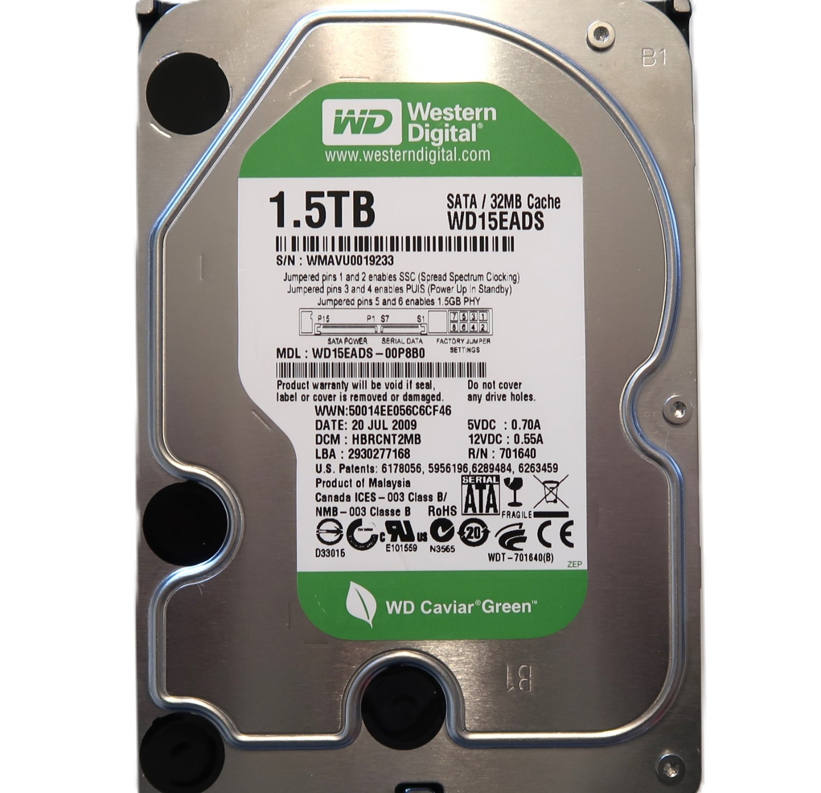 WD WD15EADS-00P8B0 HBRCNT2MB (WMAV) Malaysia 3.5" 1.5TB Sata HDD JUL/2009
