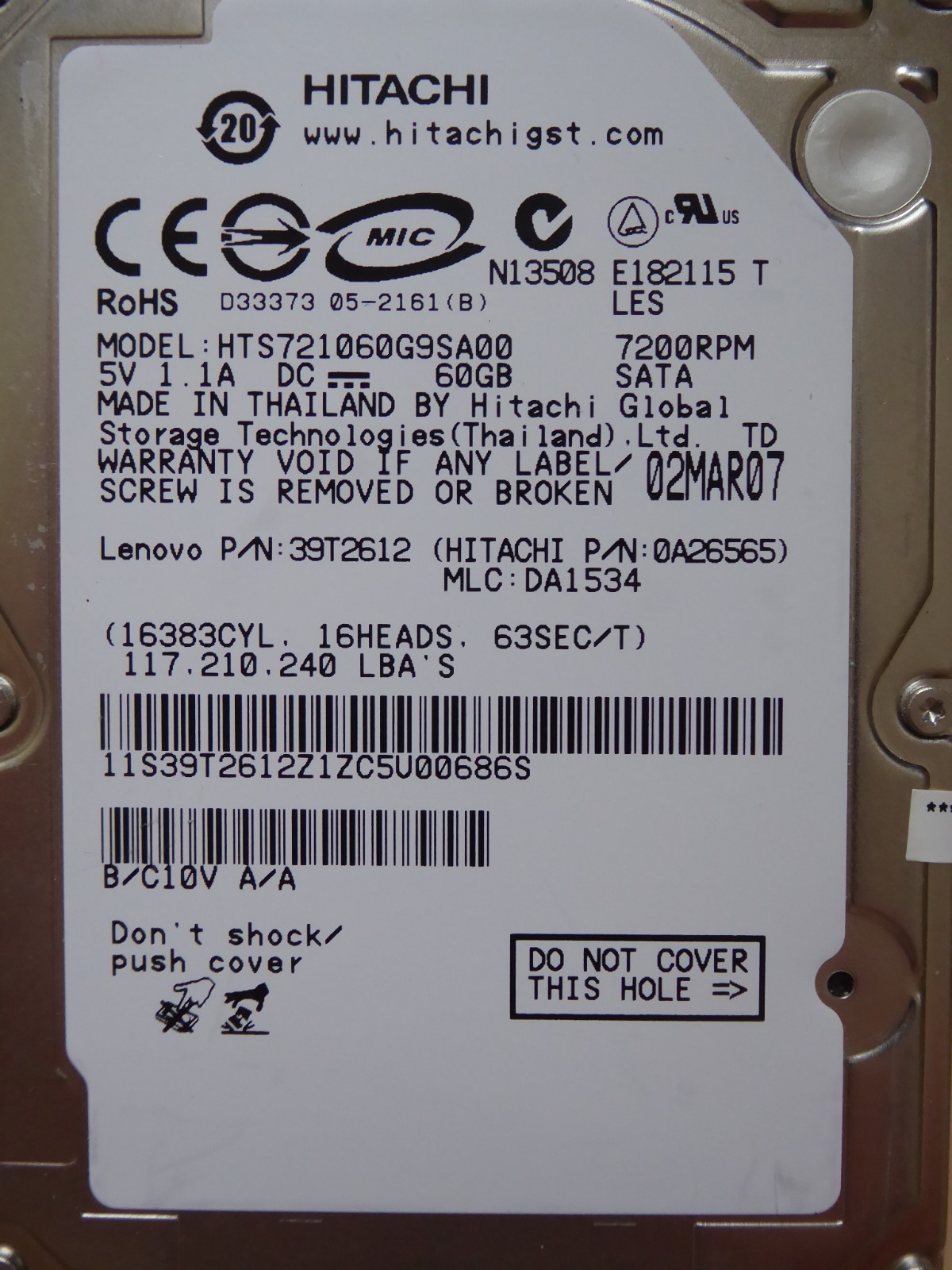 Hitachi HTS721060G9SA00 | P/N: 0A26565 | MLC: DA1534 | 02MAR2007 | 60GB