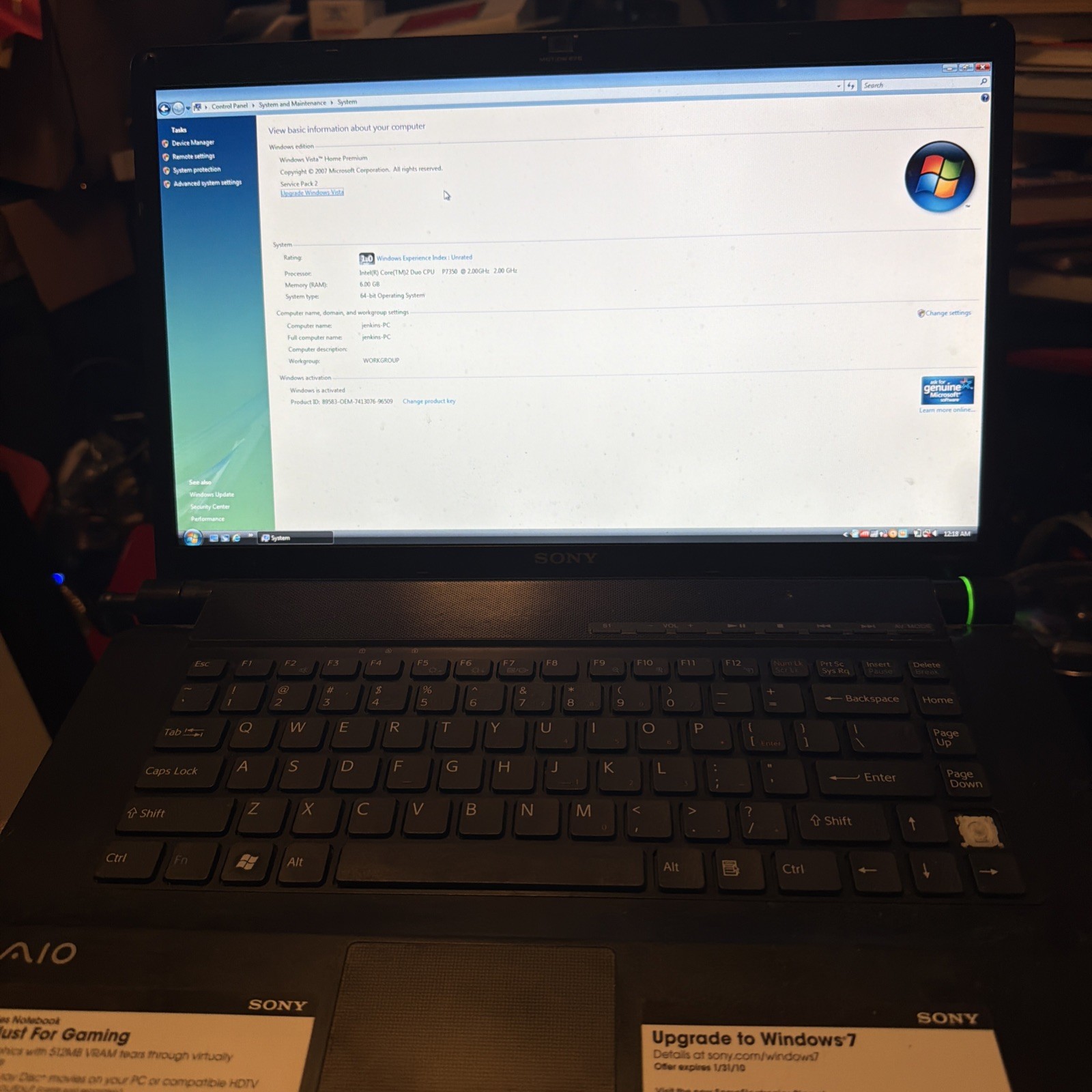 SONY VAIO PCG 3H1L -INTEL CORE 2 DUO - 2GHz - 6GB RAM  500GB HDD Tested