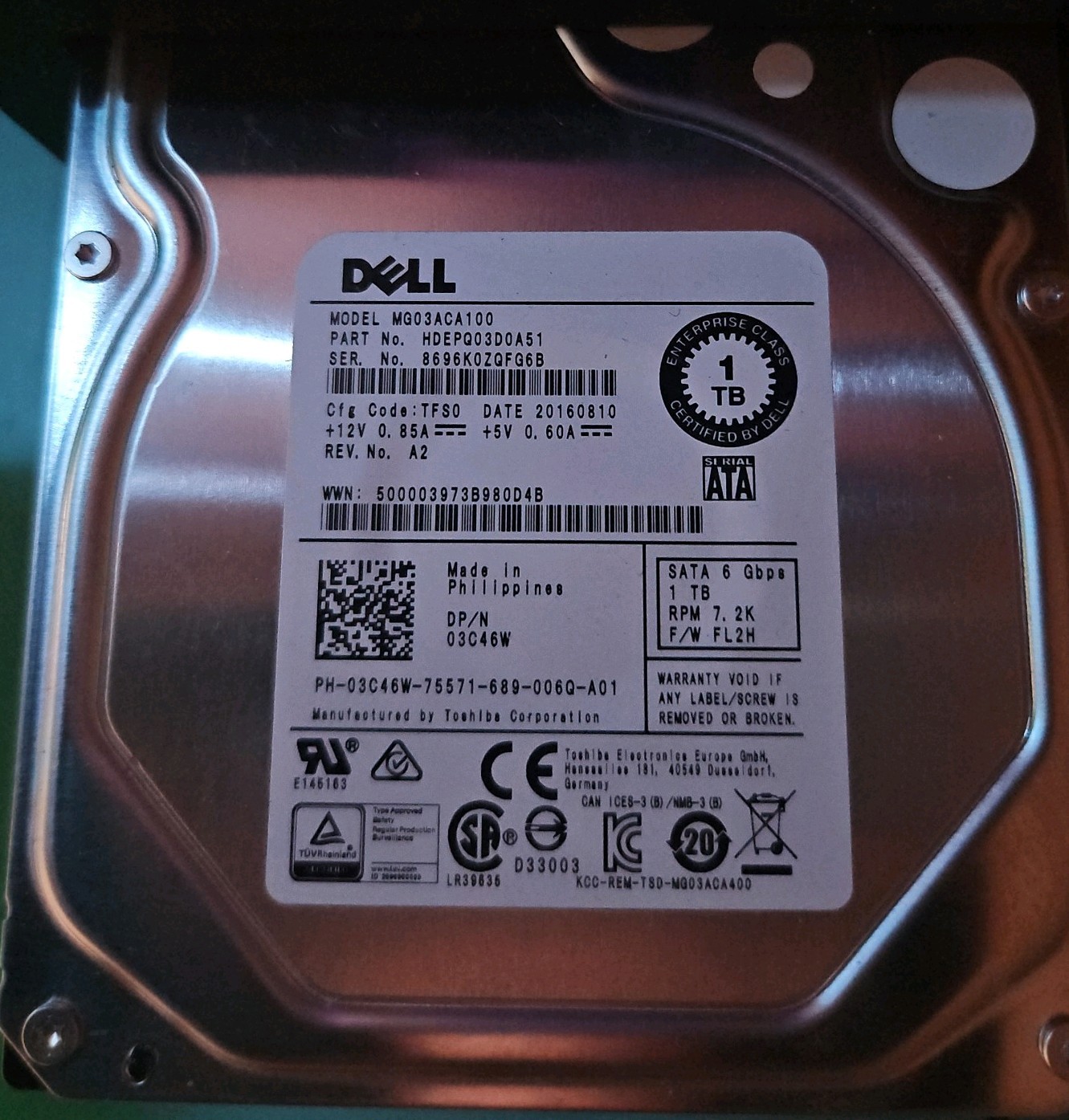 Toshiba (Dell) | MG03ACA100 | 1.0TB | SATA | Health Status: Good |