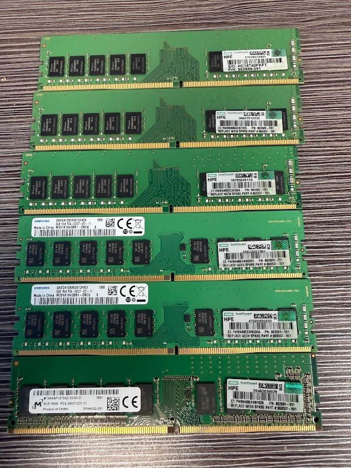 Qty 6, HP Server 862689-091 8GB 1Rx8 PC4-2400T ECC Module  various mfg