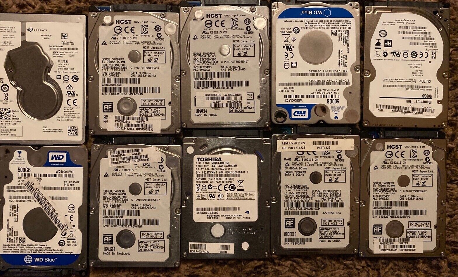 Lot of  10 mixed brand SATA 2.5" Laptop Hard Drives Lot 500GB 5400rpm 7200rpm