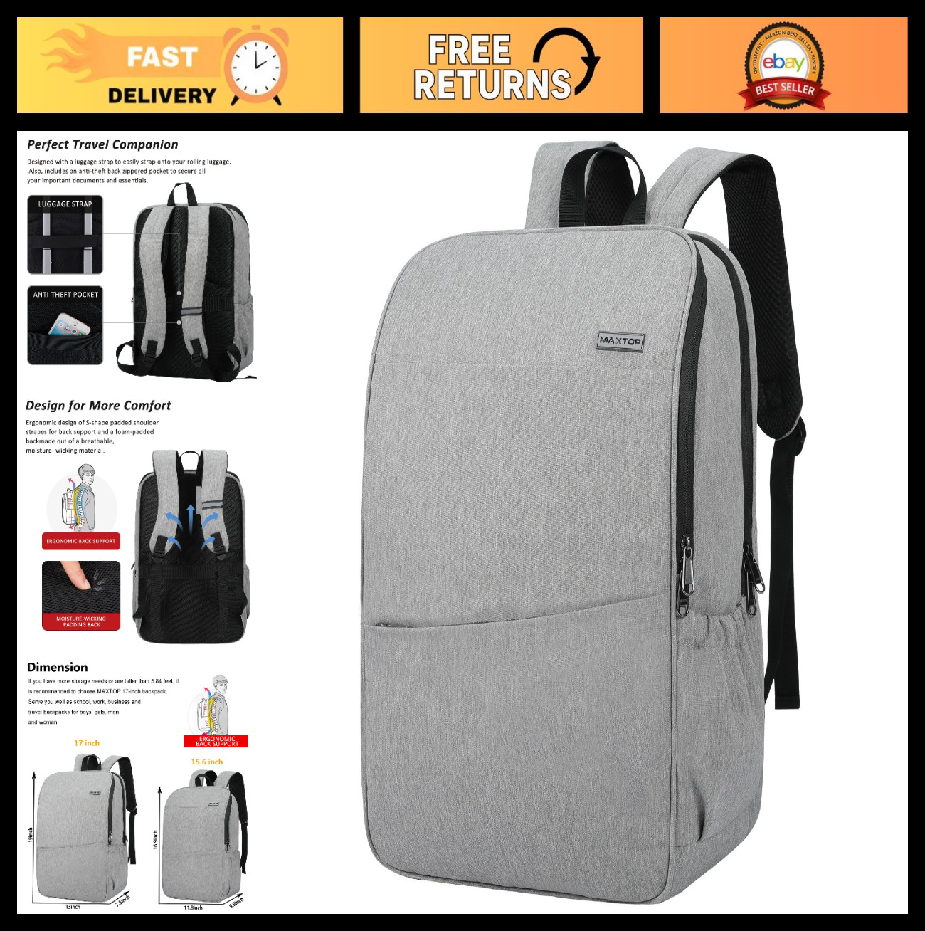 Water-Resistant Anti-Theft Laptop Backpack - Deep Storage for 17" Computers, Col