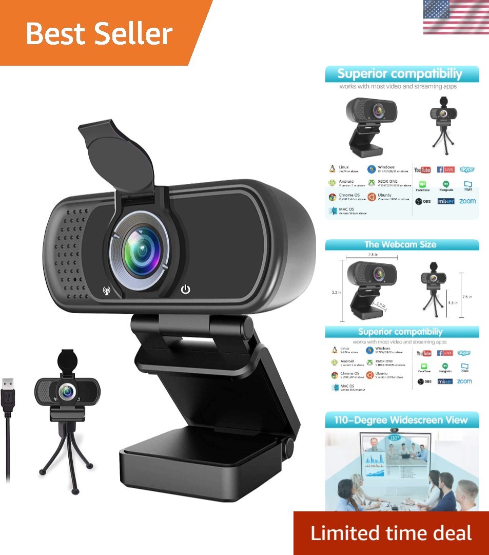 Compact 1080P Full HD Webcam with 110° Wide Angle & Privacy Cover - Plug & Play