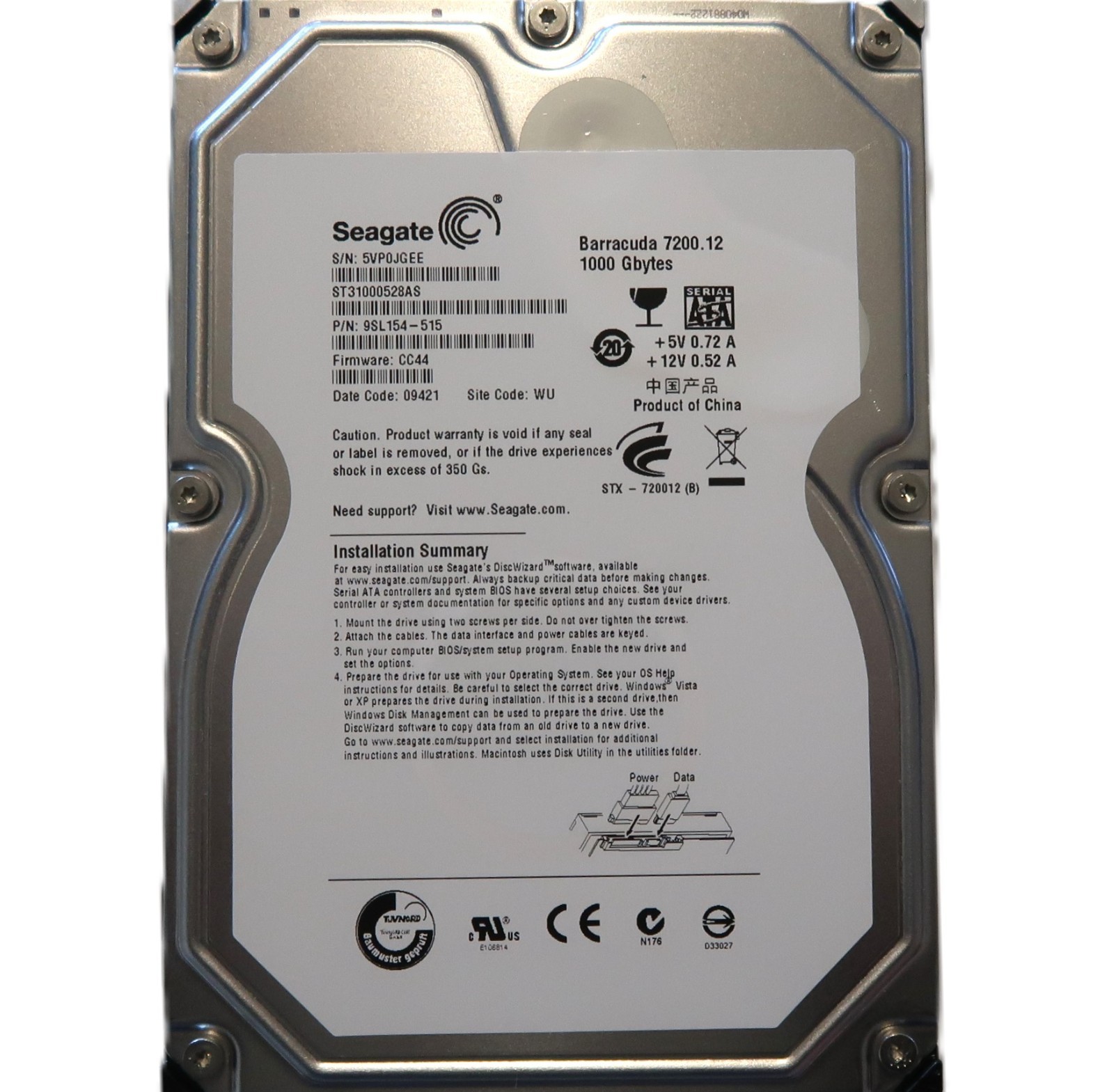 Seagate ST31000528AS 9SL154-515 CC44 WU (5VP) China 1.0TB 3.5" Sata HDD APR/2009