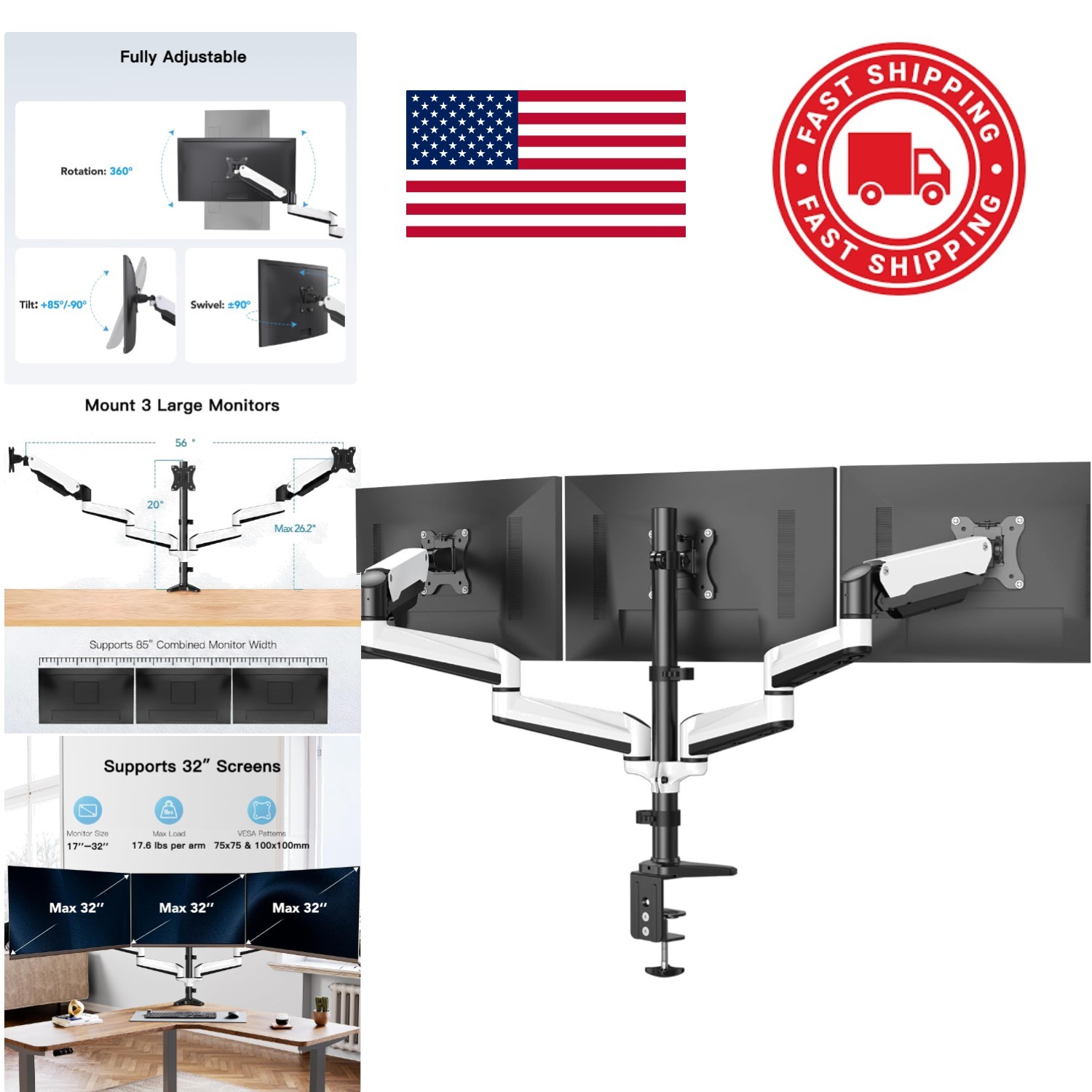 Ergonomic Triple Monitor Stand for 17 to 32 Inch Screens with Alloy Steel Design