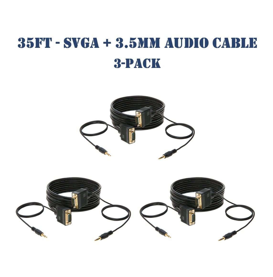 35FT SVGA Video Cable + 3.5mm Audio Aux Jack M/M PC Display Monitor Cord- 3-Pack