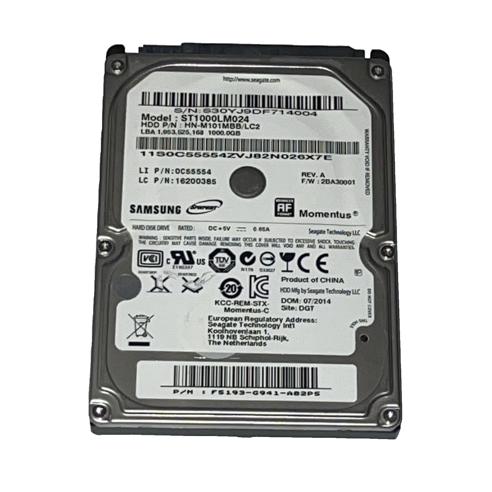 1TB Seagate ST1000LM024 HN-M101MBB/LC2 5400 RPM ,8MB 2.5'' Hard Drive