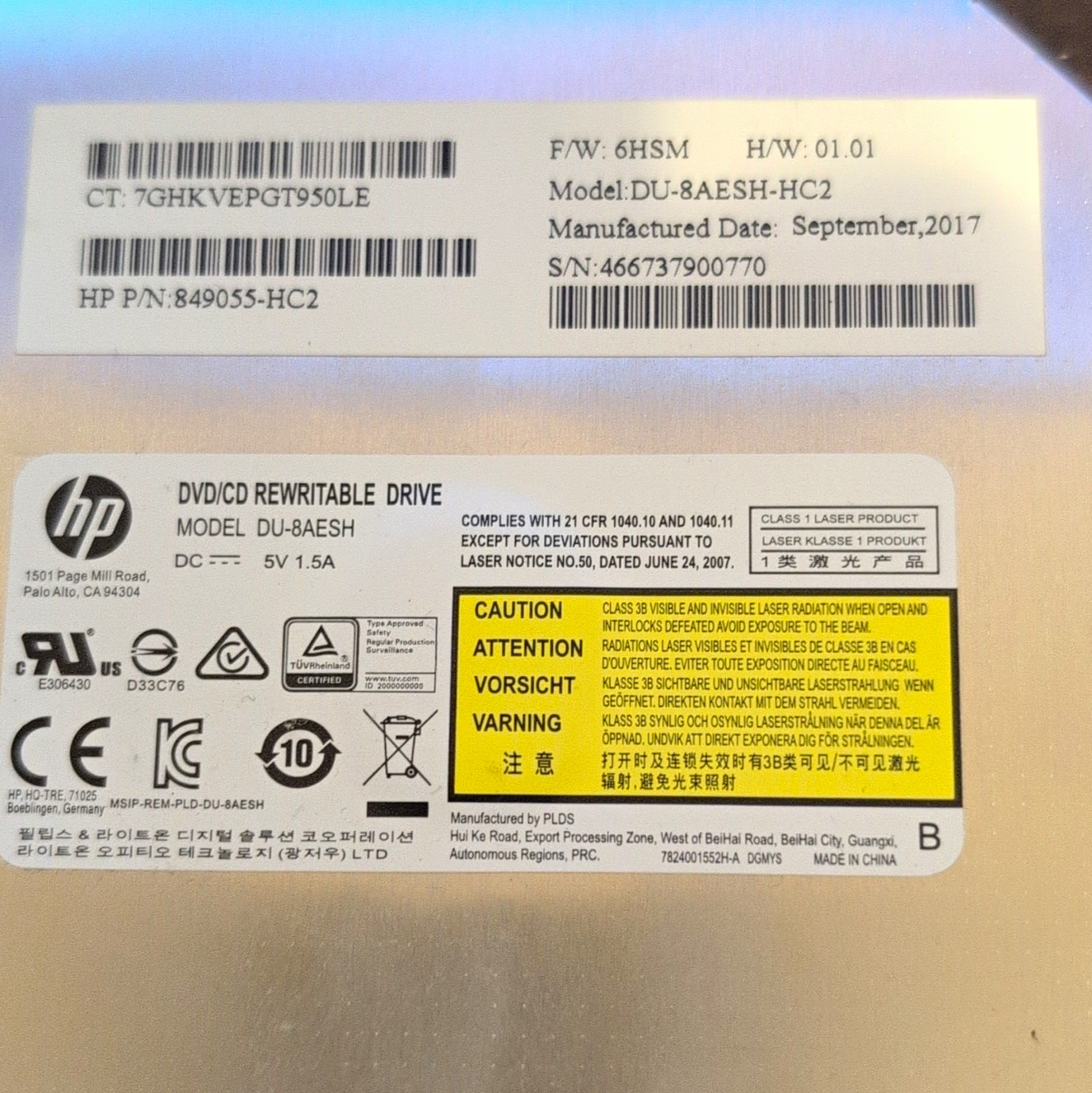 HP DU-8AESH 9.5mm SATA 8x DVD/CD Rewritable Internal Laptop Drive 849055-HC2