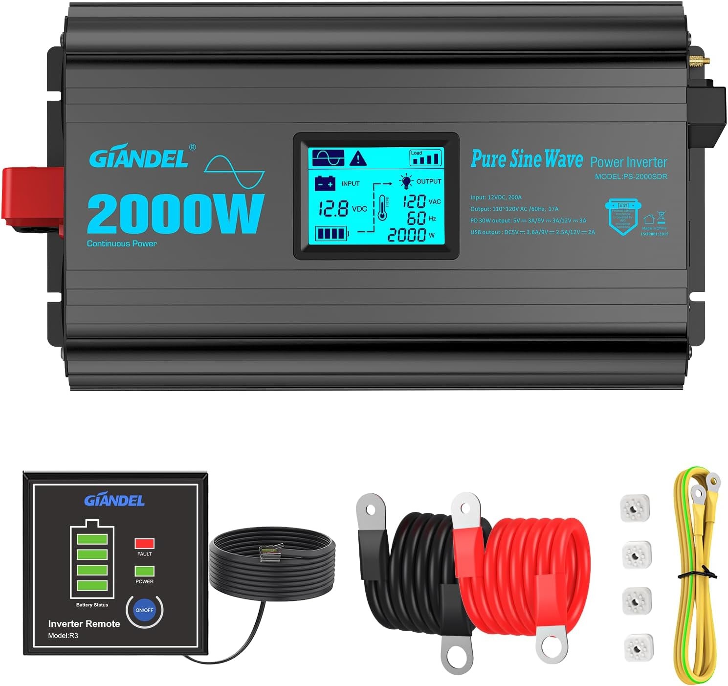 2000 Watt Pure Sine Wave Power Inverter 2000W 12V DC to 120 V AC 