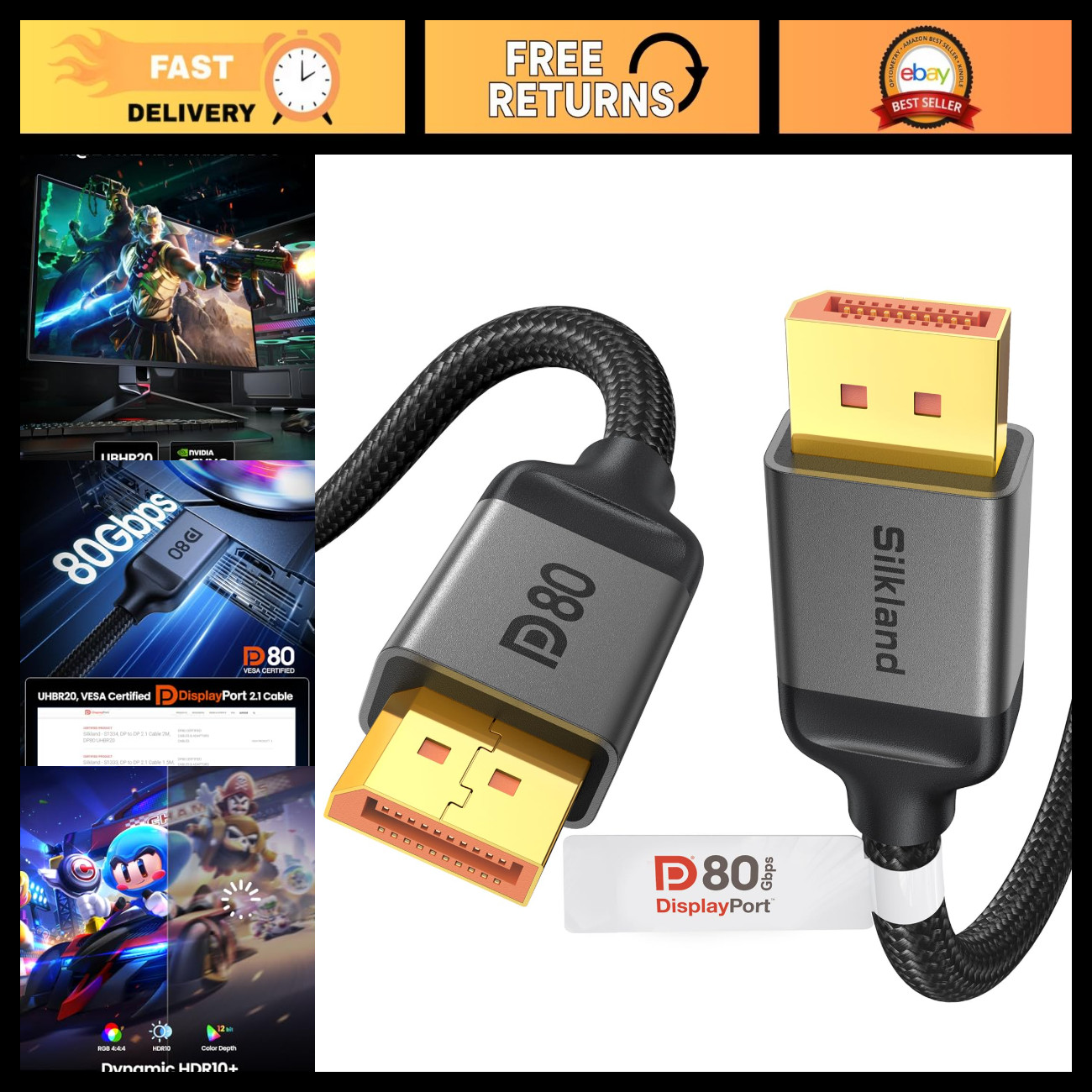 High-Speed 80Gbps DisplayPort 2.1 Cable, VESA Certified, 3.3FT/1M, DP80 HDR
