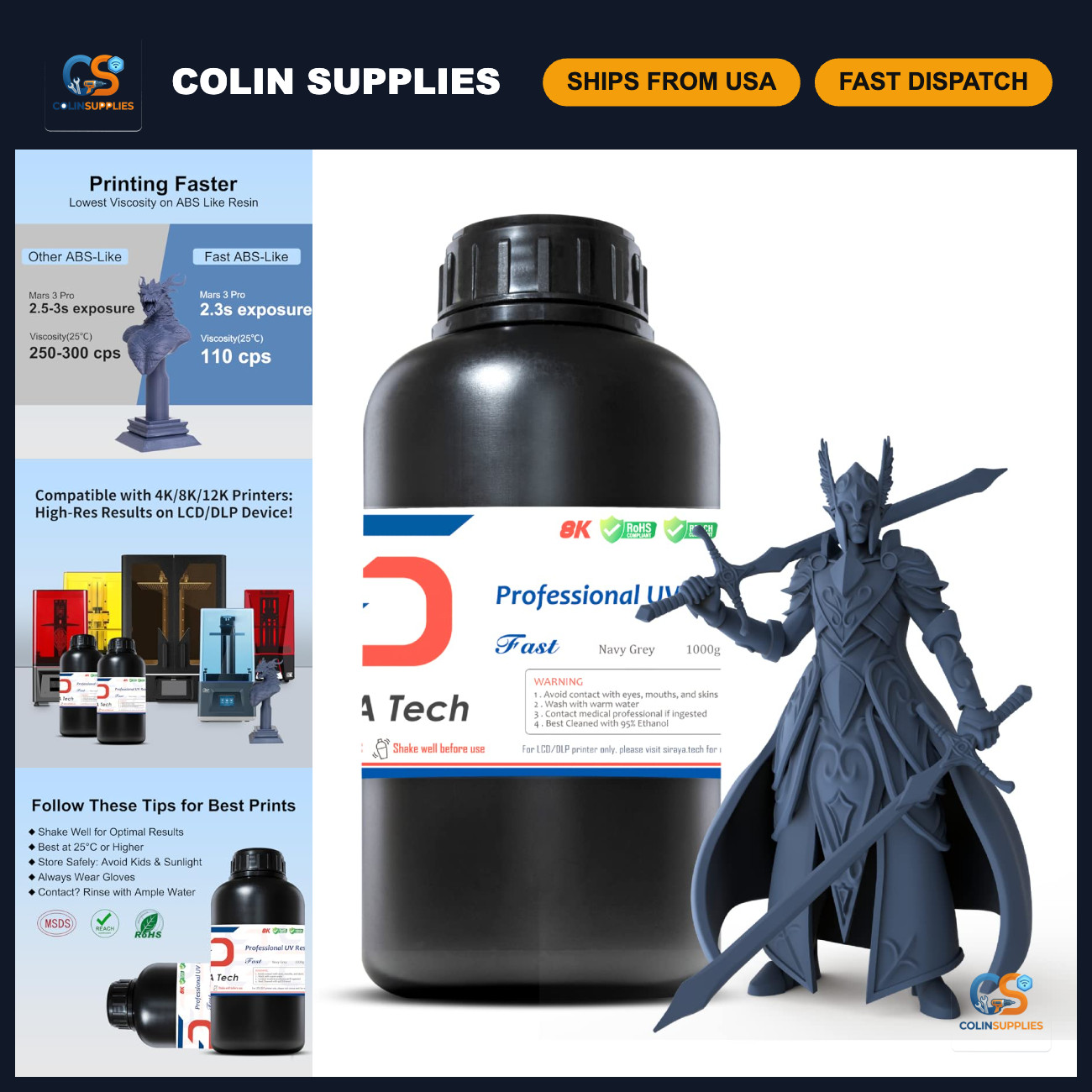 Fast ABS-Like 3D Printer Resin, Non-Brittle, Navy Grey, 1kg - High-Quality Print