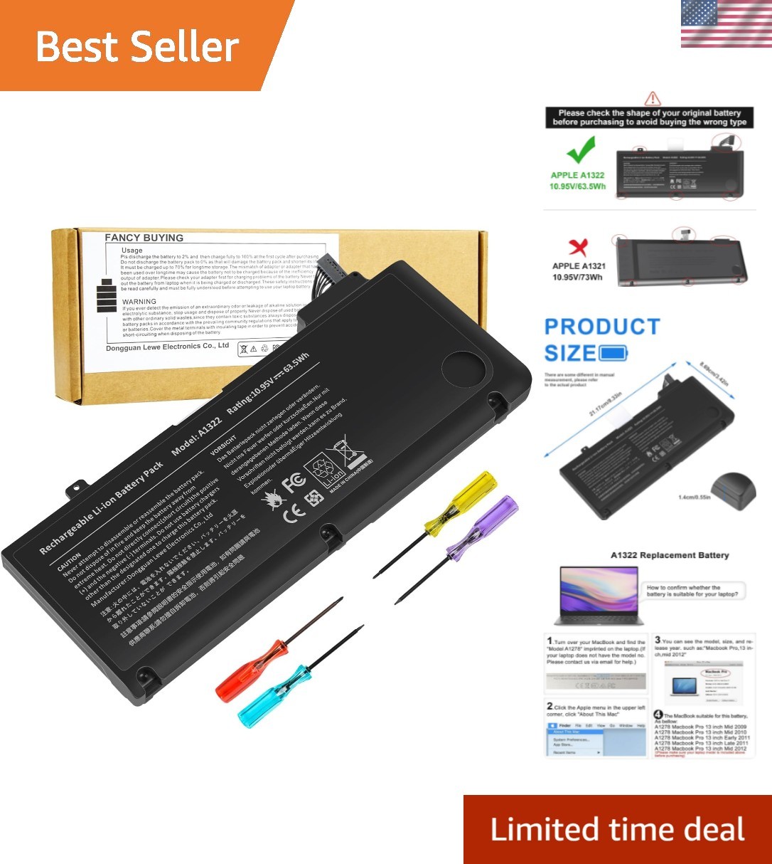 A1278 A1322 Battery Compatible with MacBook Pro 13" Unibody Mid 2009 to Mid 2...