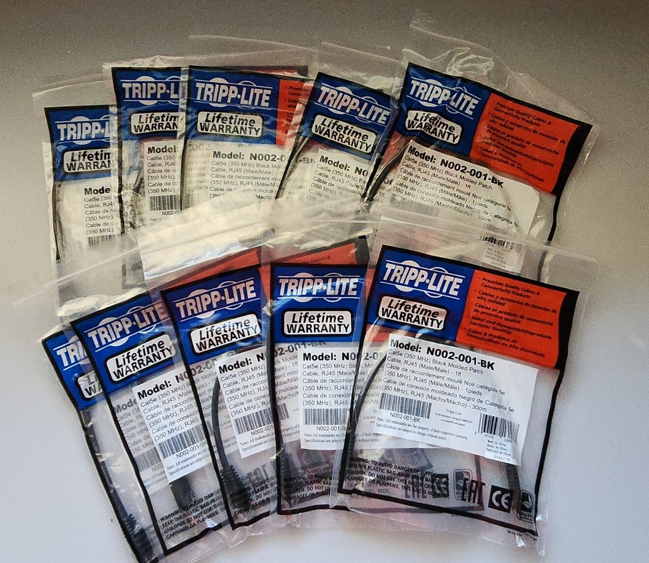 10x LOT Tripp Lite 1ft Cat5e / Cat5 350MHz Molded Patch Cable RJ45 M/M Black 1'