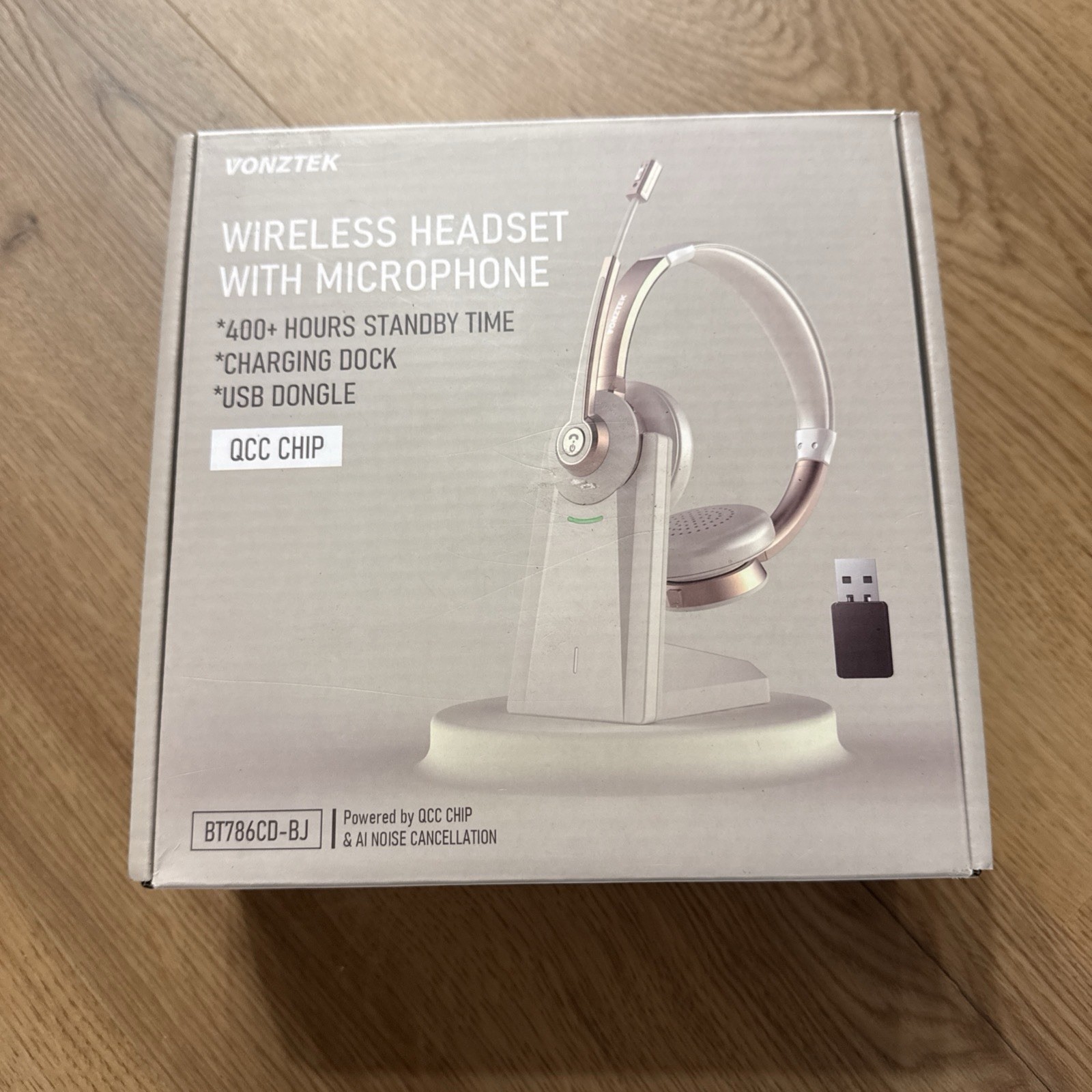 Vonztek BT786CD-BJ Bluetooth Wireless Headset Noise Cancelling Dock White Gold