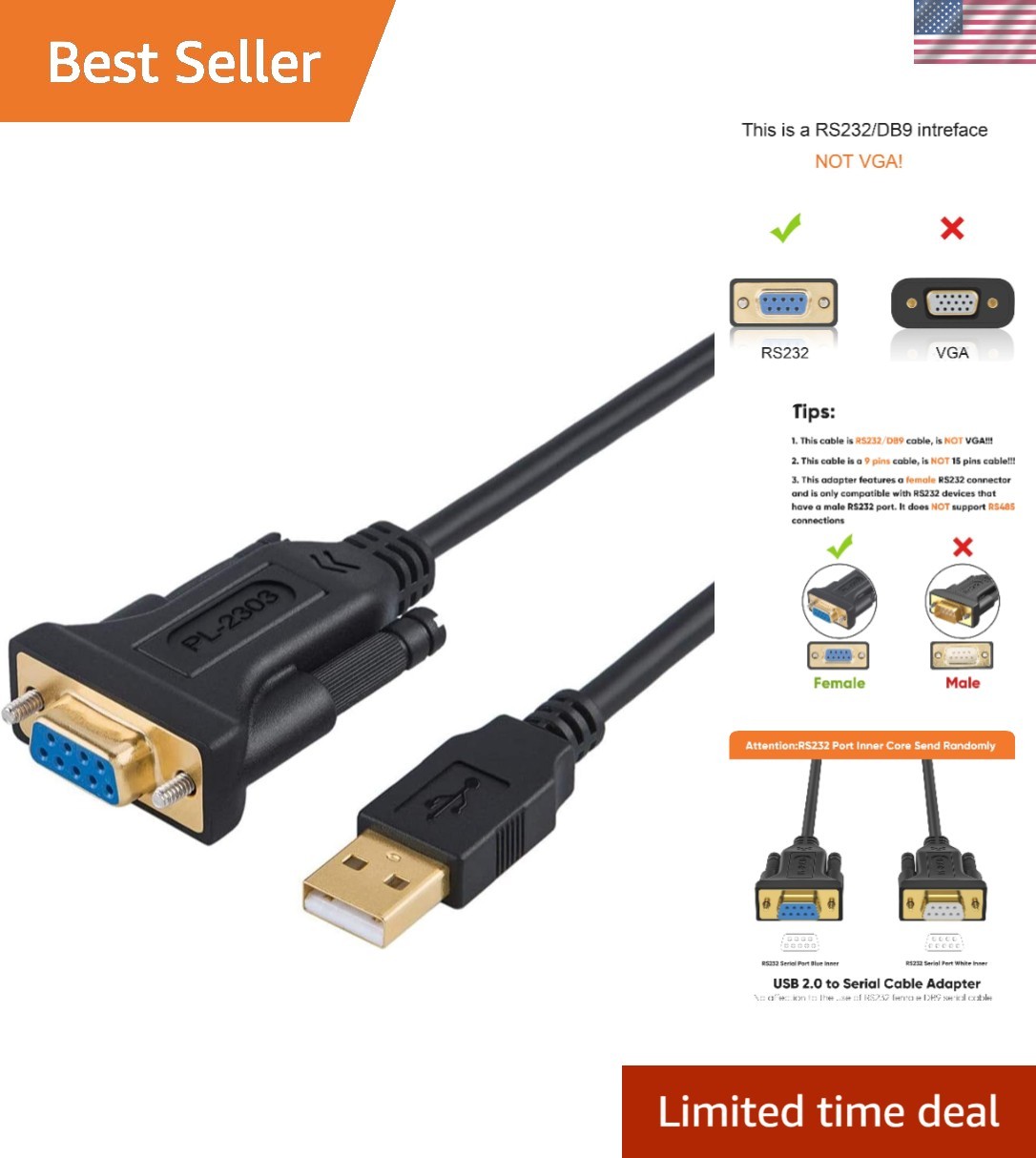 Versatile 3.3 FT USB to DB9 Adapter with PL2303 Chip - Perfect for Scanners