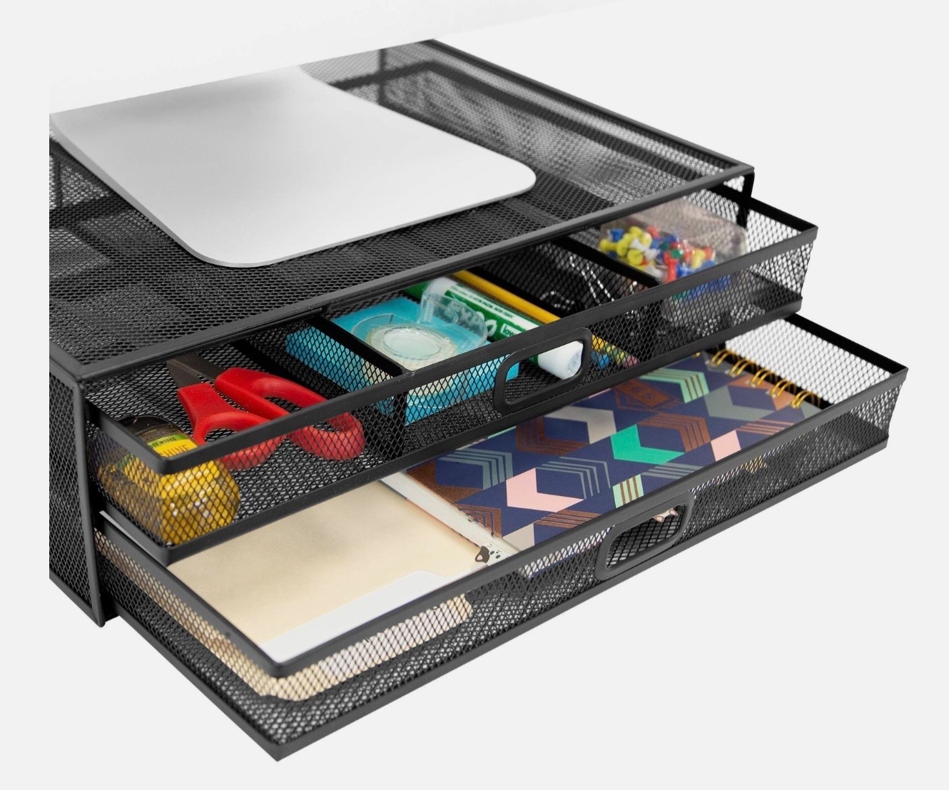 MOUNT-IT Computer Monitor Stand With Drawers, Metal Mesh Riser and Organizer