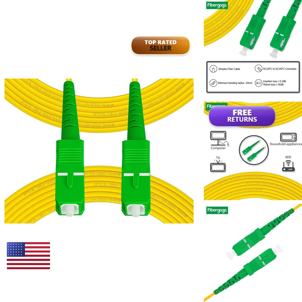 Fibergaga OS2 SCA to SCA Fiber Optic Cable Single Mode 100M (328ft)
