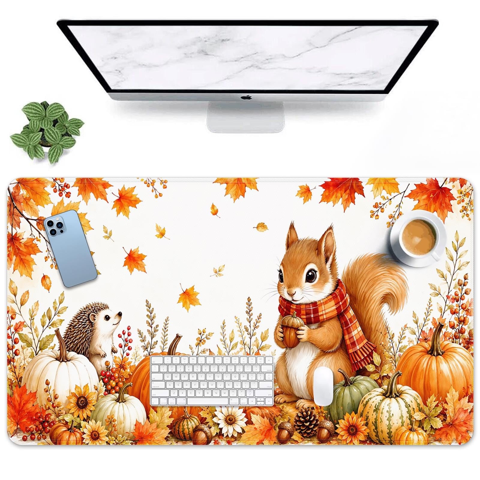 Britimes Large Mouse Pad, Squirrel Hedgehog Pumpkin