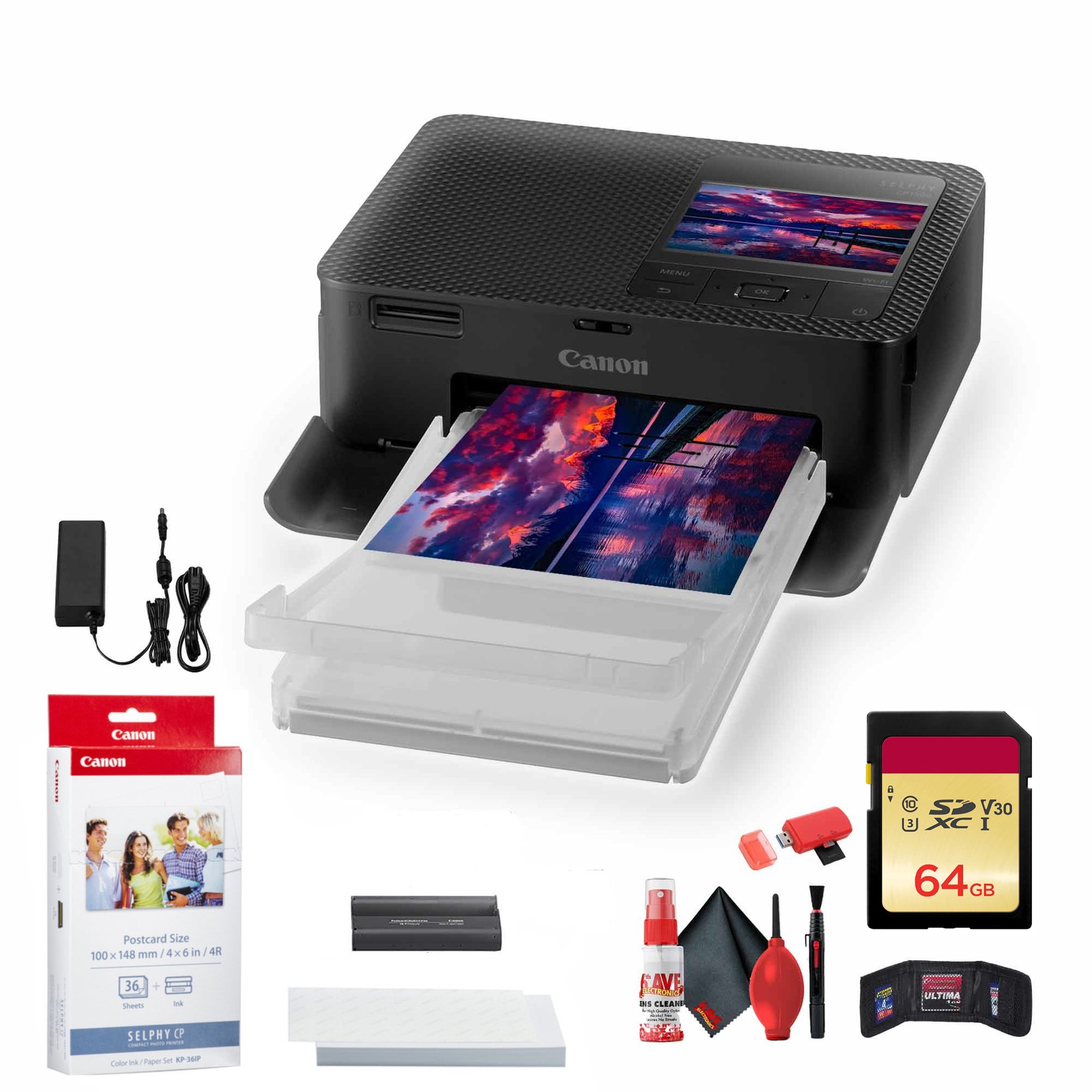 Canon SELPHY CP1500 Photo Printer Black KP-36IP Ink Paper Bundle