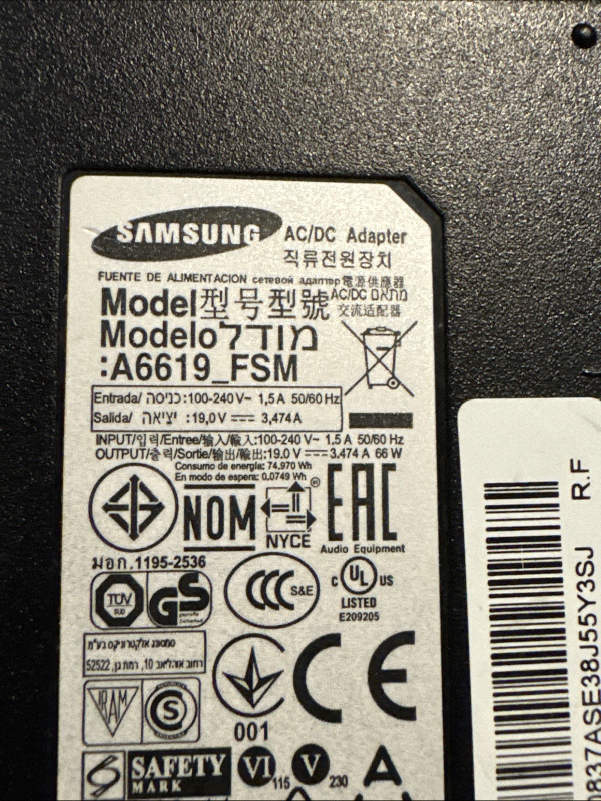 Genuine Samsung TV AC Adapter Power Supply A6619_FSM BN44-00837A 19V 3.474A 66W