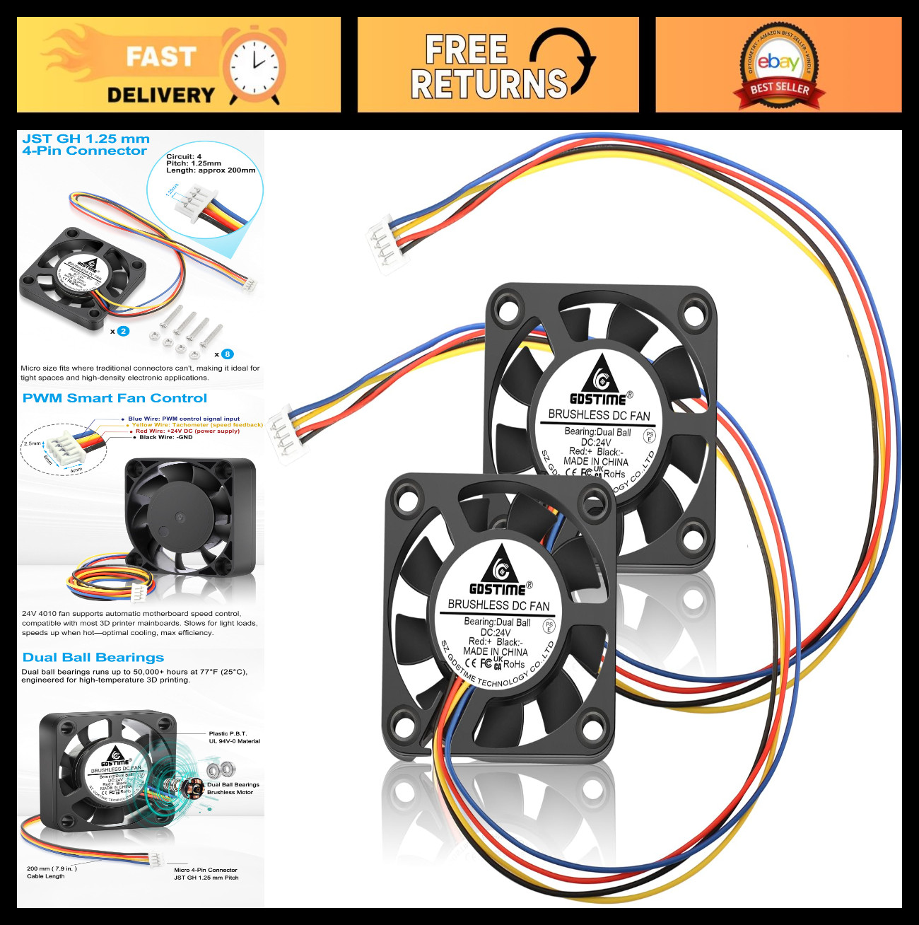 24V PWM 4010 40mm Hotend Heatsink Fan 2-Pack, Dual Ball Bearing, 8500 RPM, Mini